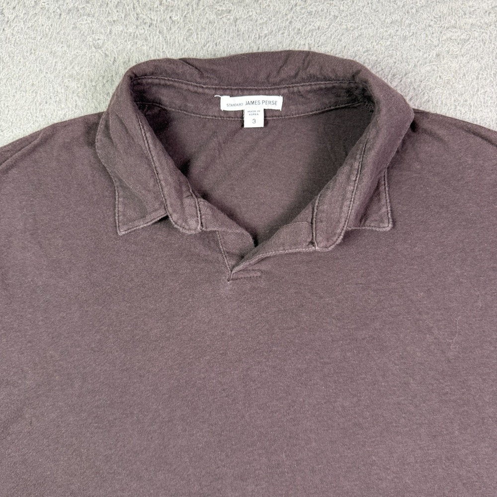 James Perse Polo Shirt Mens Large 3 Brown Johnny Collar USA Made Buttonless